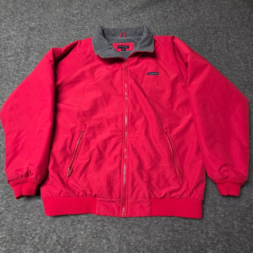 Lands End Mens LT Red Squall Jacket Windcheck Fleece Lined Full Zip 3225